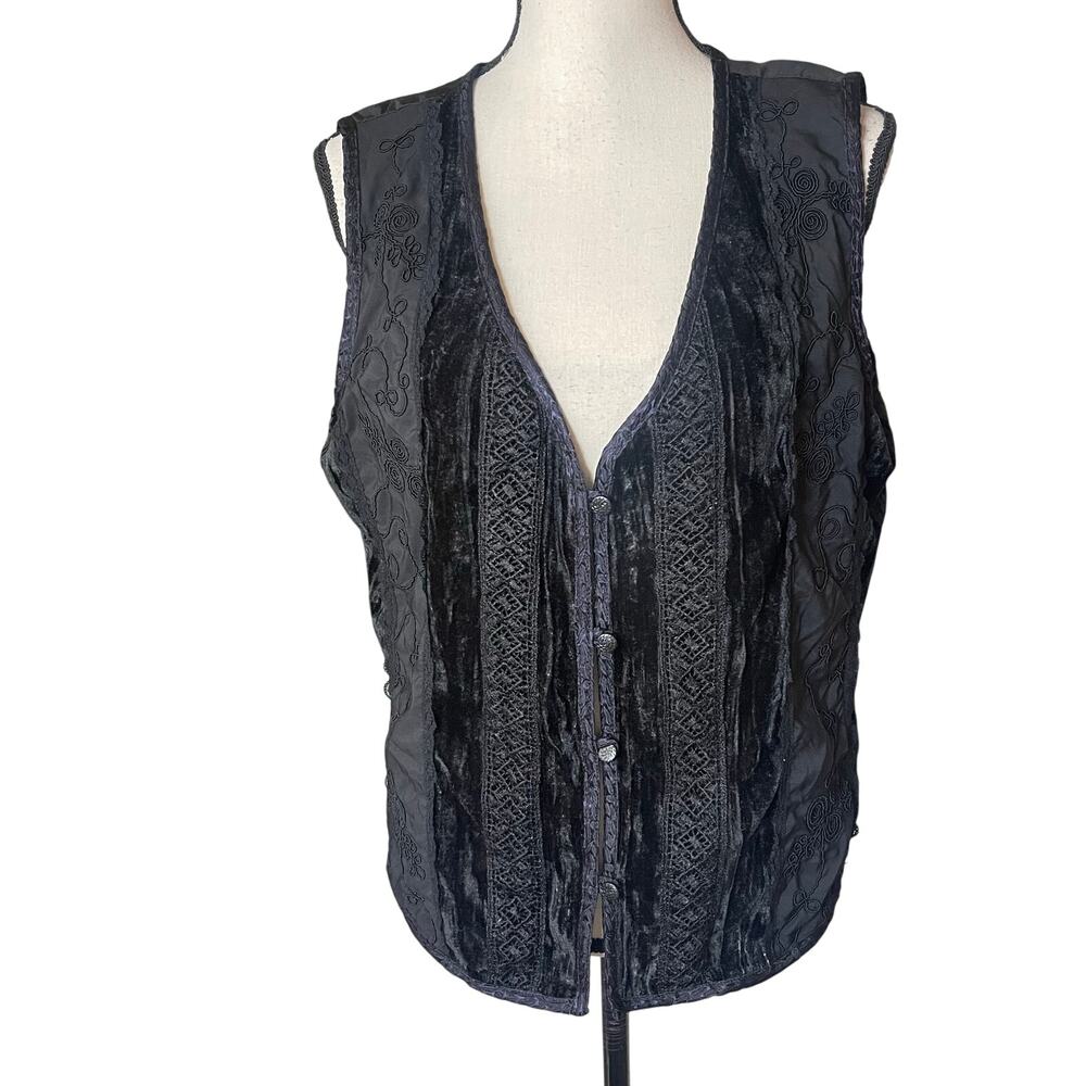 VTG Whimsigoth Steampunk Black Embroidered Crushed Velvet Button-Up Vest Large